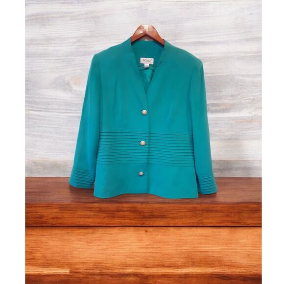 Vintage Jackets & Blazers - Vintage Misho 100% Silk Blazer Size 14 Teal Green Pleated Detail Gold Buttons